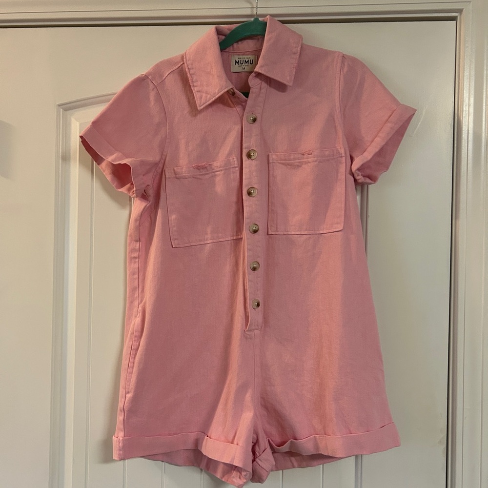 Show Me Your Mumu pink button up denim romper